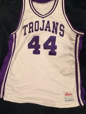 Trojans #44 White & Purple Basketball Jersey